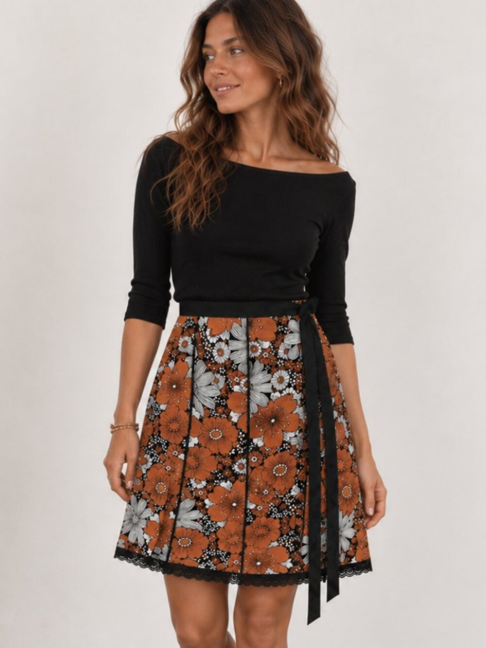 FOREVER 21 Cotton Retro Boho Floral A-line Skirt Lace Trim Size 2/4 EUC